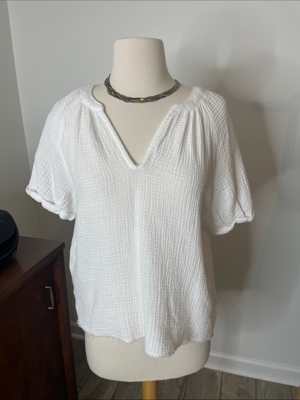 White V-Neck Textured Gauze Women's Blouse